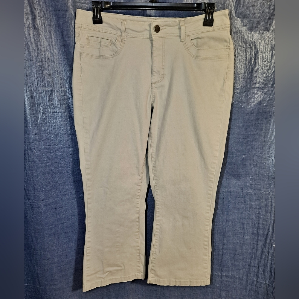 Lee Riders Stretch Jeans Women's 14-P Tan Boot-Cut Zip-up 5-Pocket Fancy Stitch